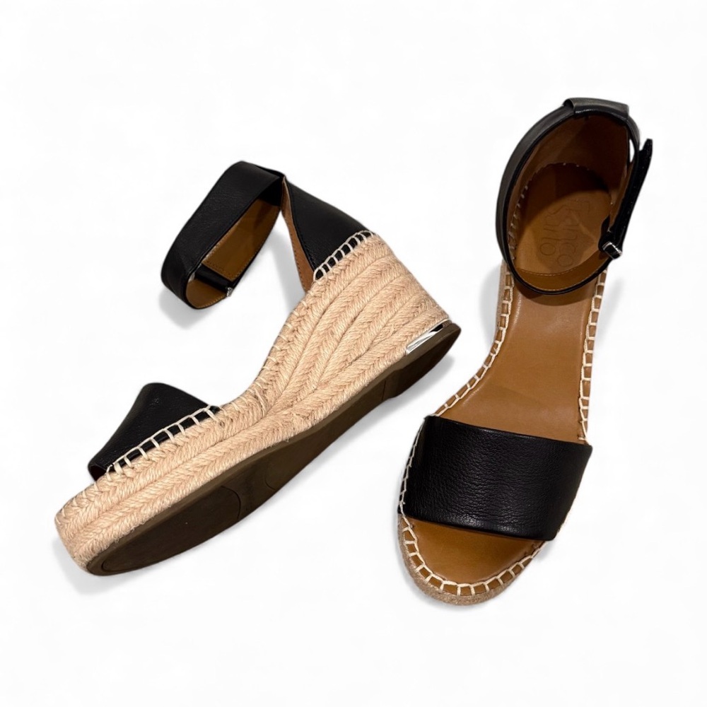 Franco Sarto Clemens Raffia Espadrille Black Wedge Sandals - Picture 4 of 5